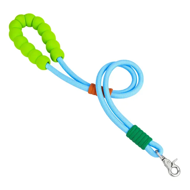 Sky blue adjustable braided dog leash with lime green foam handle