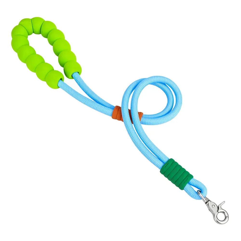 Sky blue adjustable braided dog leash with lime green foam handle