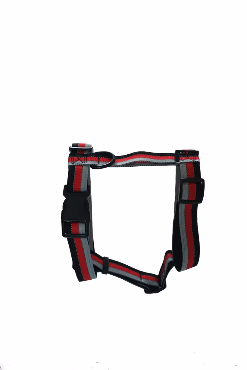 Striped red, grey and black adjustable dog harness with side-release buckle