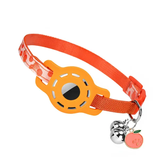 Orange breakaway cat collar with silicone AirTag case, fruit charm and bell