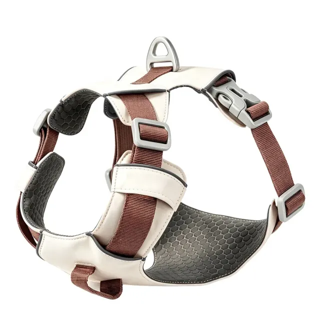 Cream anti-wrinkle ripstop dog and cat harness with alloy D-ring and handle