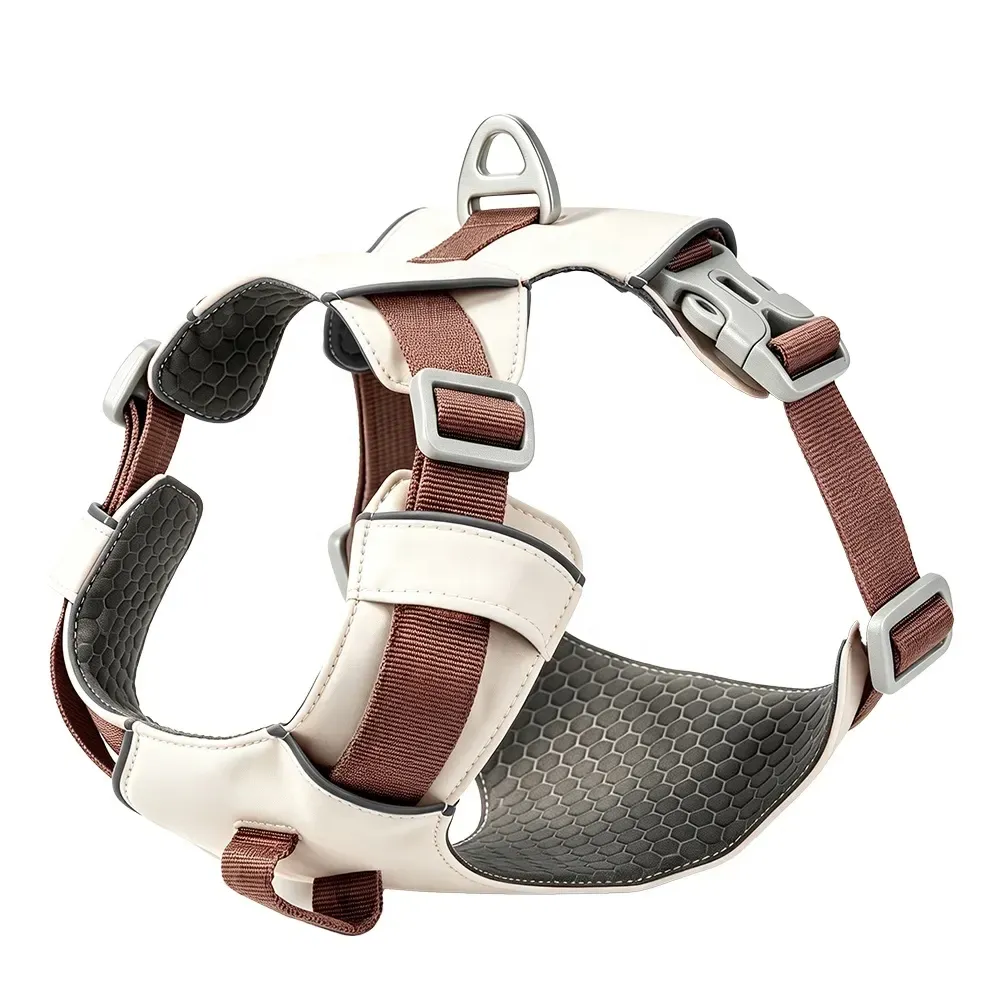 Cream anti-wrinkle ripstop dog and cat harness with alloy D-ring and handle
