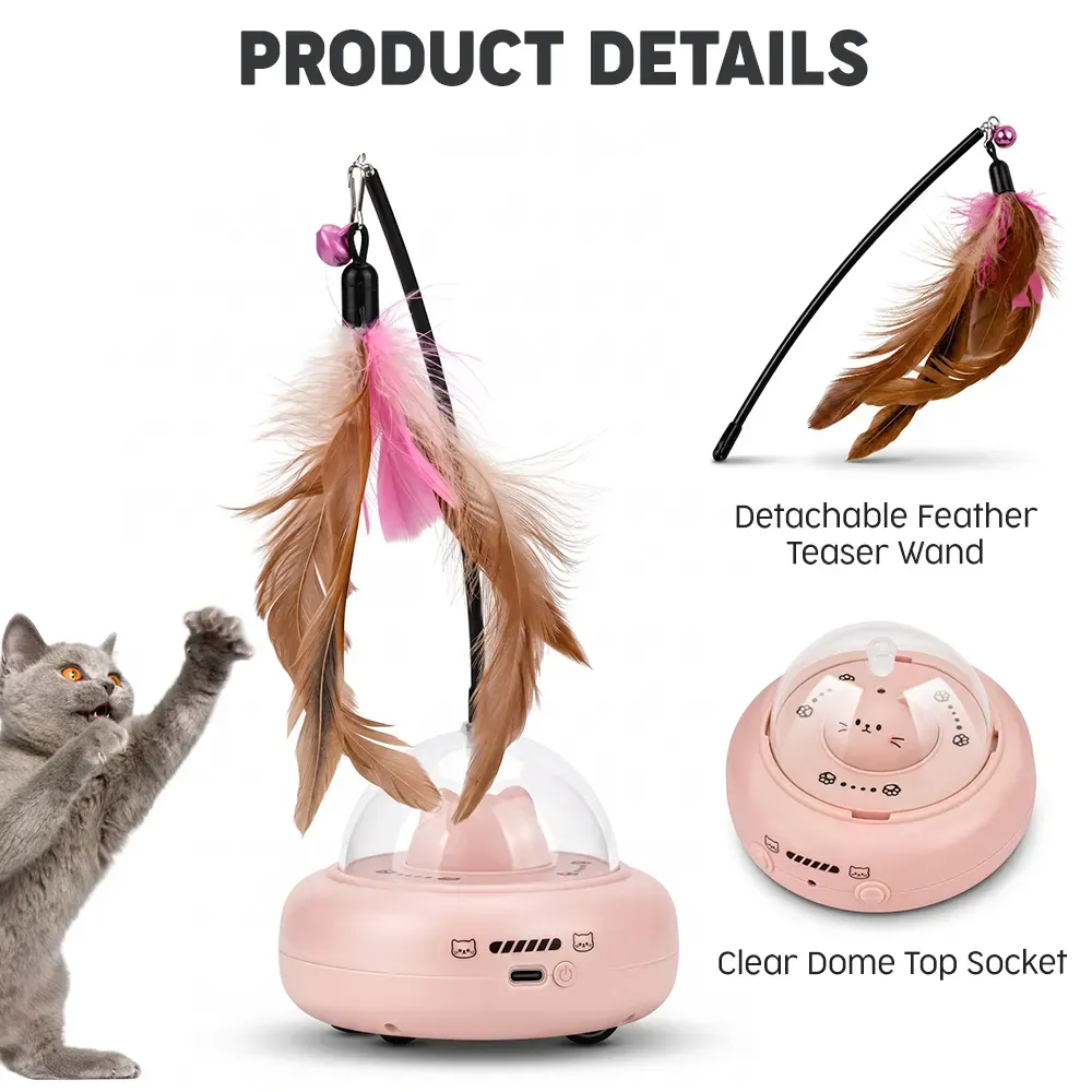 Laser cat toy details: detachable feather wand and clear dome