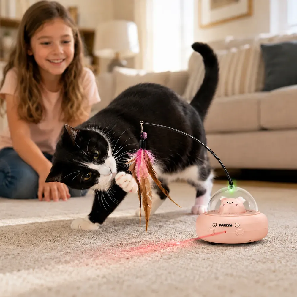 Girl and cat playing with the red laser dot from the smart cat toy