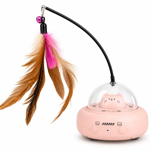 Pink automatic laser cat toy with clear dome and feather wand