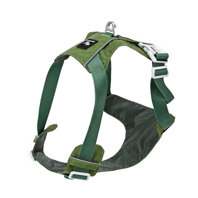 Forest green ripstop dog harness with honeycomb mesh and aluminum D-ring
