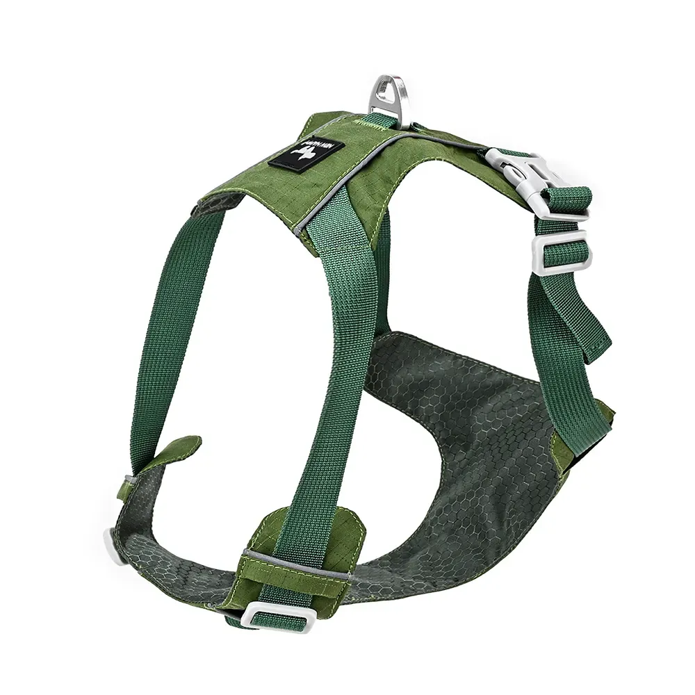 Forest green ripstop dog harness with honeycomb mesh and aluminum D-ring