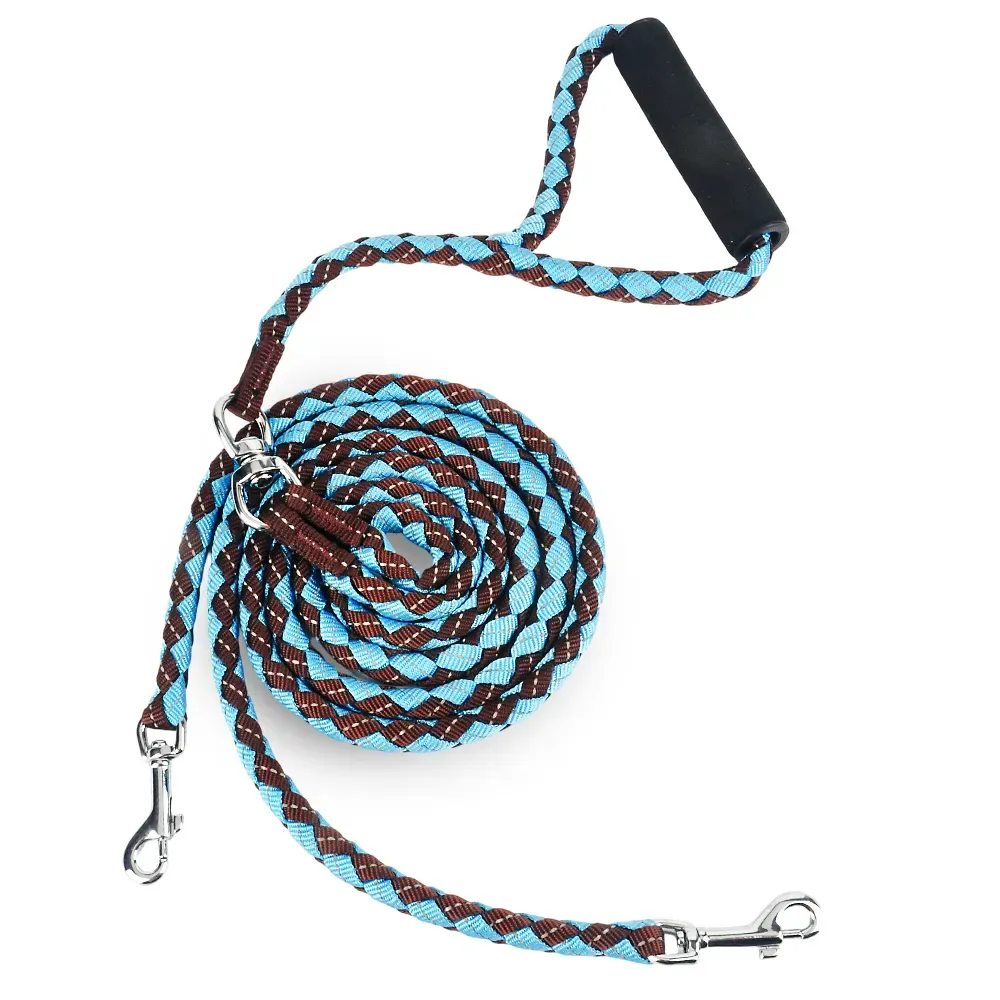 Blue and brown braided double dog leash with swivel coupler