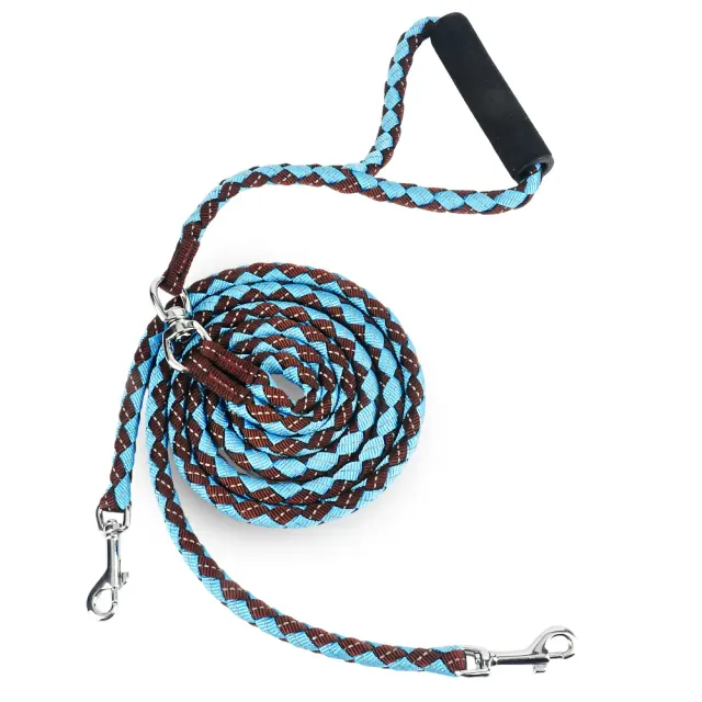 Blue and brown braided double dog leash with swivel coupler