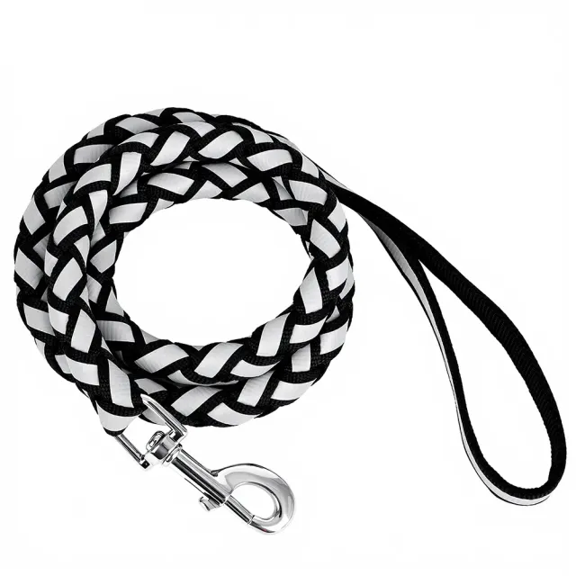 Black and white braided rope dog leash with screw-lock clip and padded handle