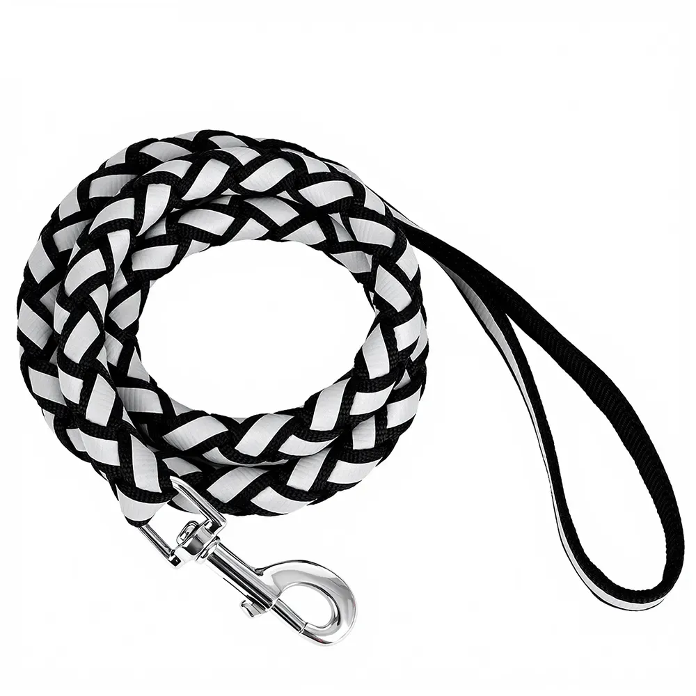 Black and white braided rope dog leash with screw-lock clip and padded handle