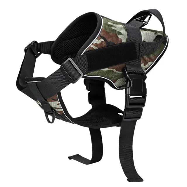 Black and woodland camouflage dog training harness with handle and patch panel