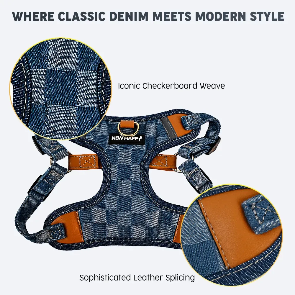 Checkerboard denim harness with sophisticated leather splicing