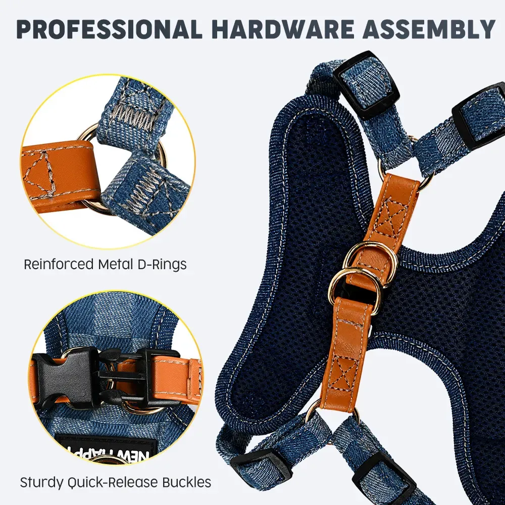 Reinforced metal D-rings and sturdy quick-release buckles on the denim harness