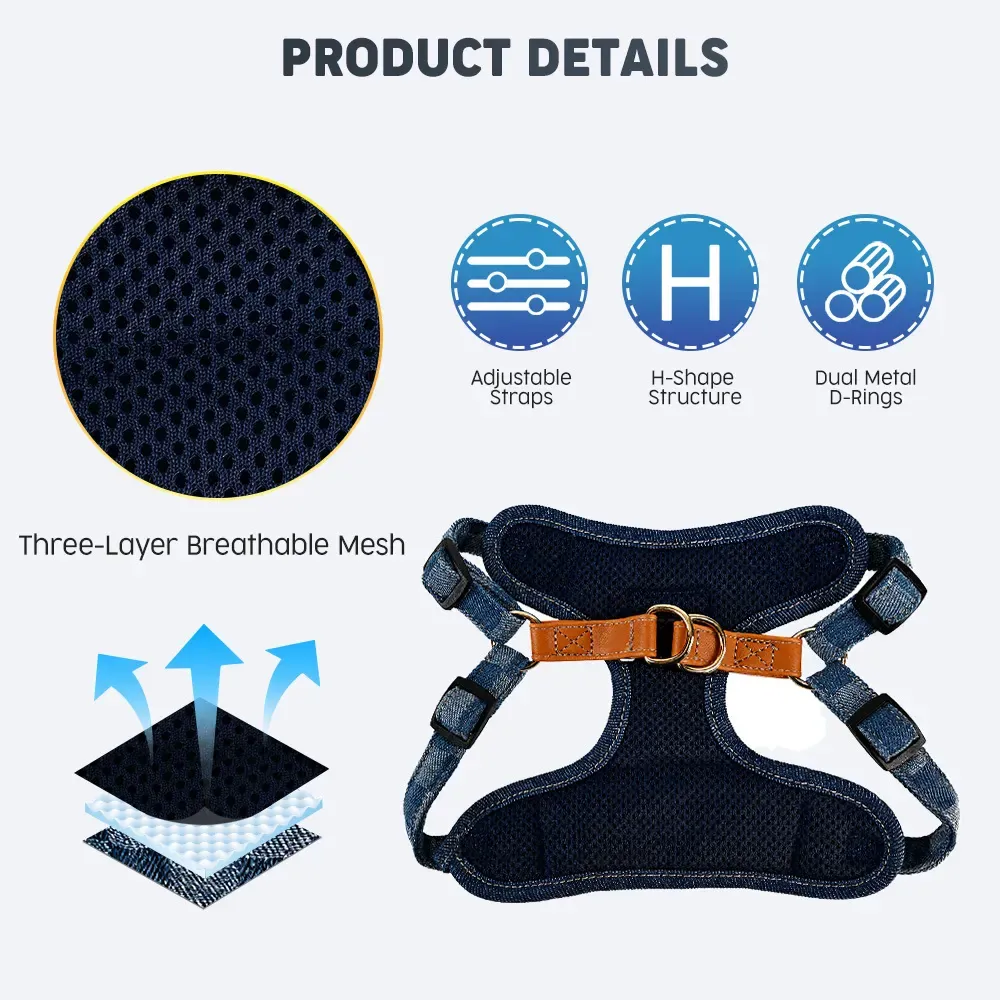 Denim harness product details: three-layer breathable mesh and H-shape structure
