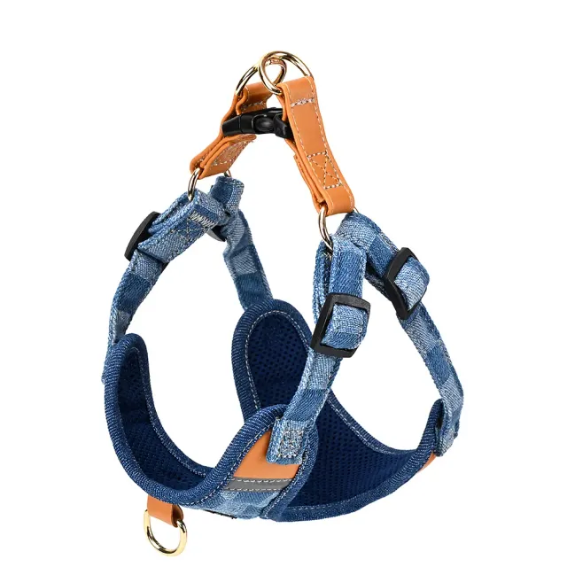 Blue checkerboard denim dog harness with brown leather trim
