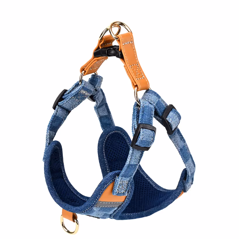 Blue checkerboard denim dog harness with brown leather trim