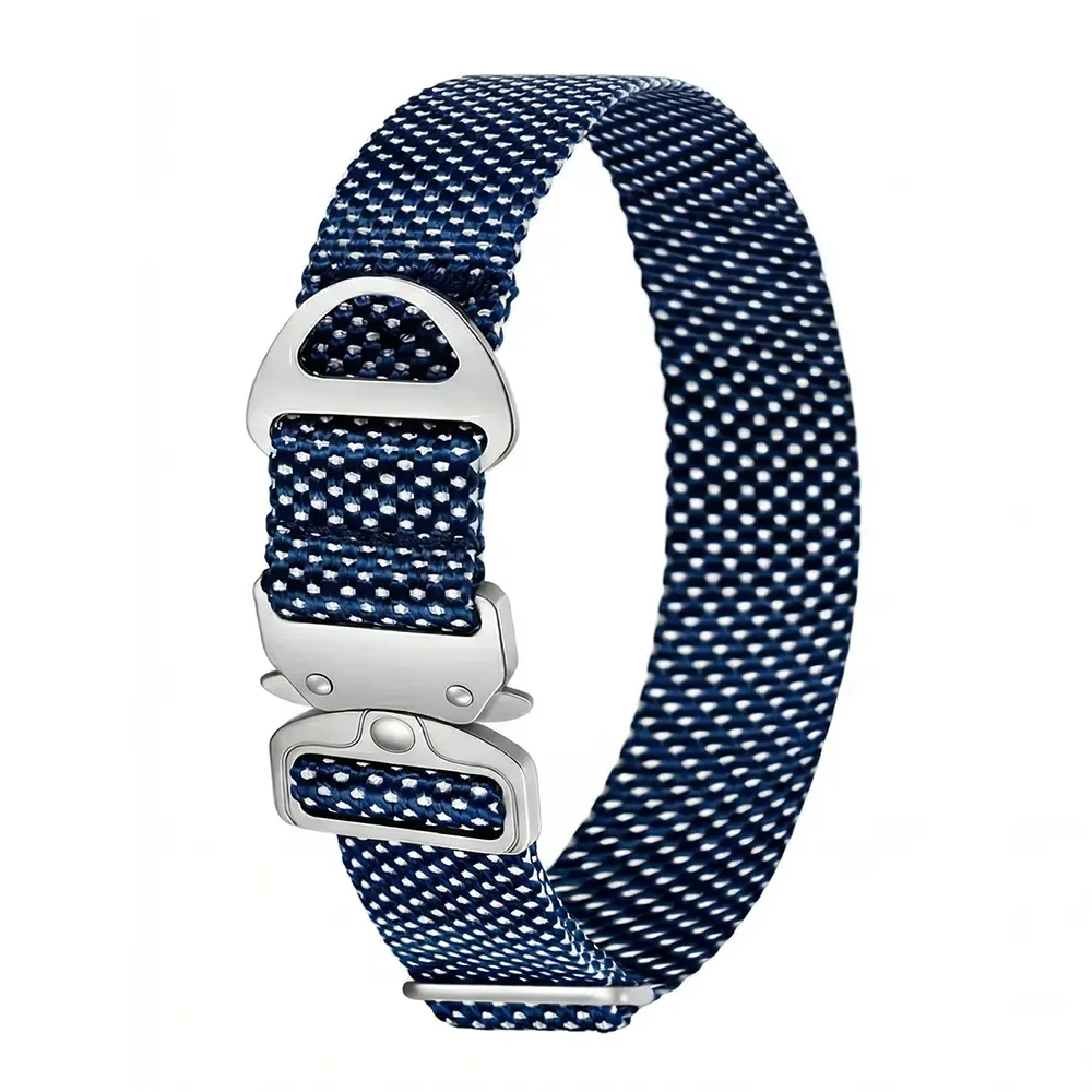 Navy dotted-texture woven dog collar with silver metal quick-release buckle