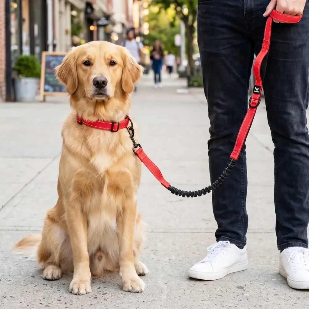 Golden retriever on a walk with the dual-handle bungee leash