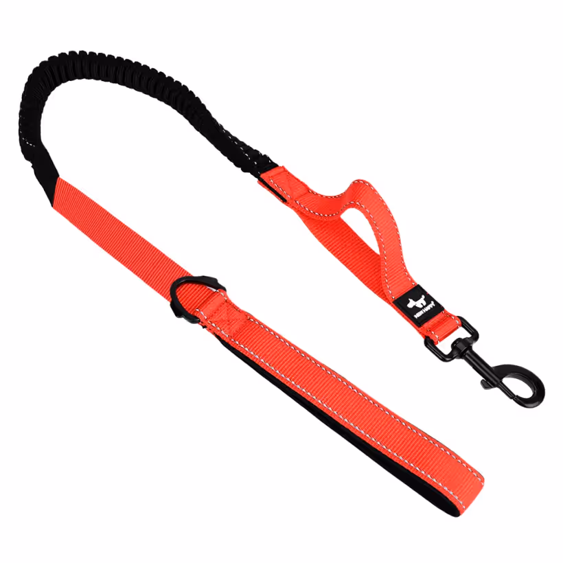 Red dual-handle reflective bungee dog leash with padded grips