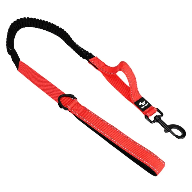 Red dual-handle reflective bungee dog leash with padded grips