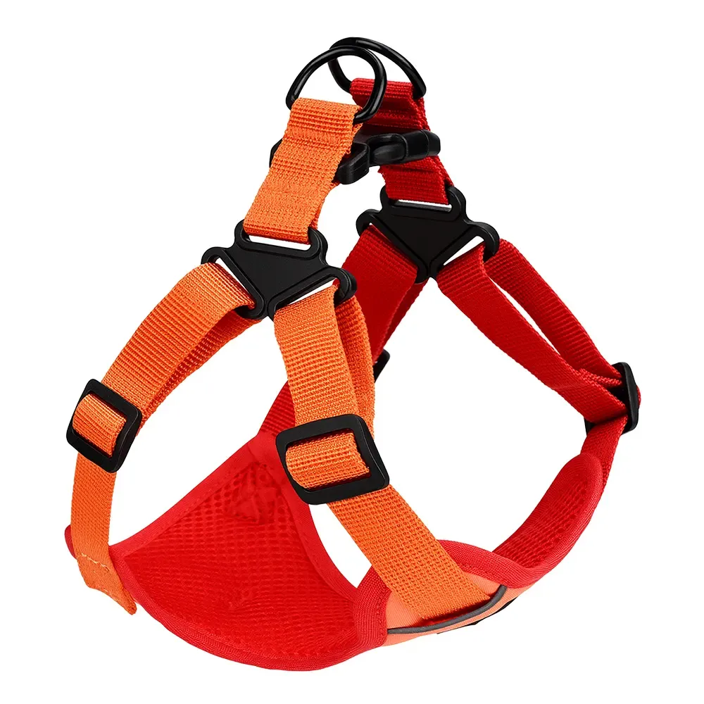 Orange and red dual-tone escape-resistant Y dog harness with reflective piping