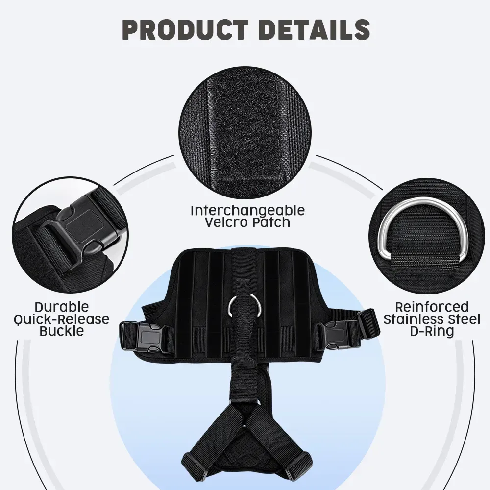 Tactical harness product details: interchangeable patch, quick-release buckle and metal D-ring