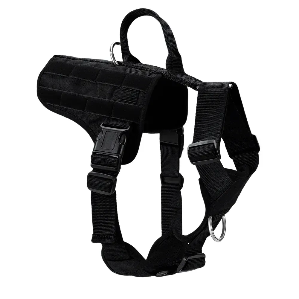 Black heavy-duty tactical dog harness with patch panel and control handle