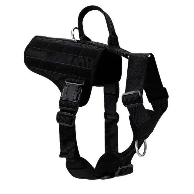 Black heavy-duty tactical dog harness with patch panel and control handle