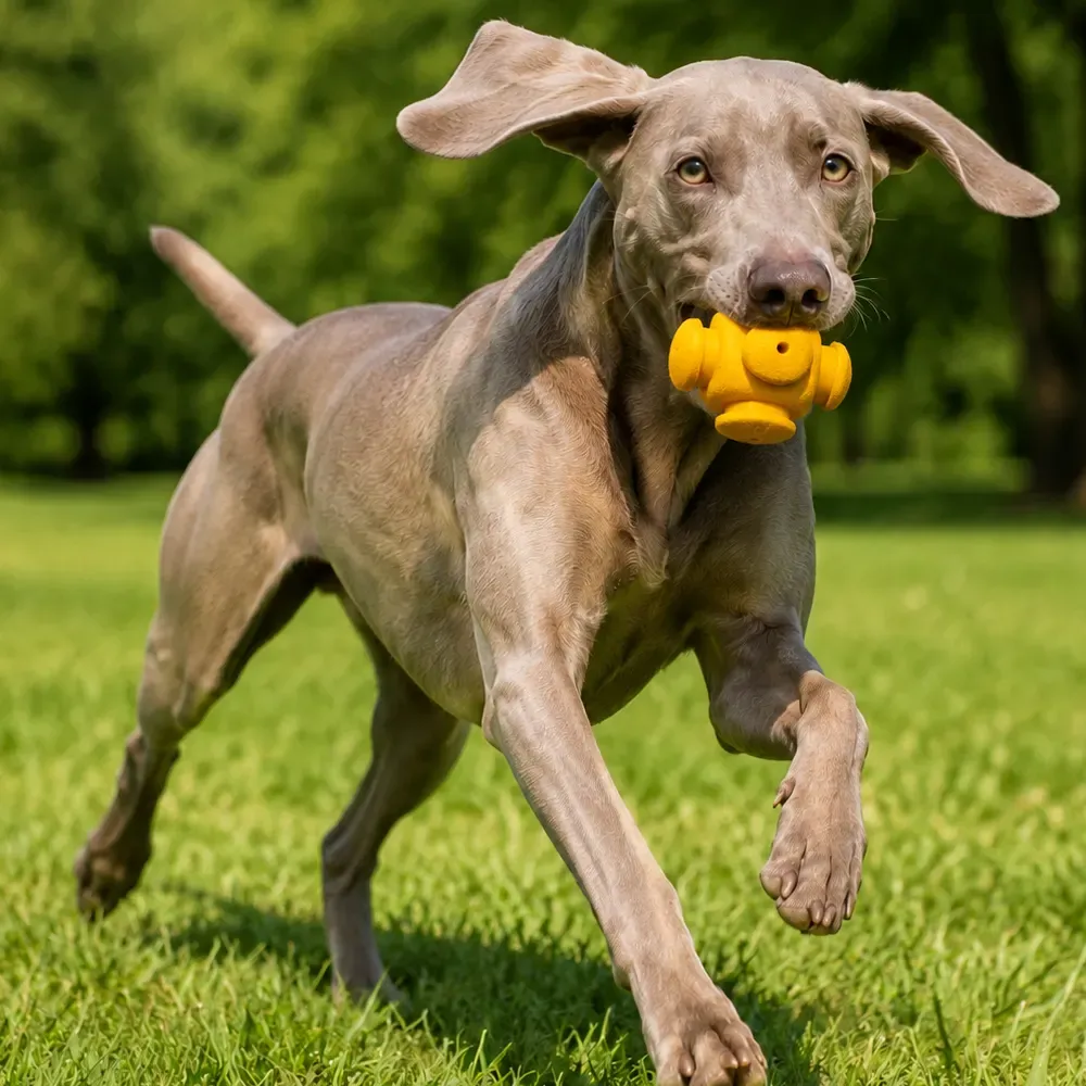 Weimaraner carrying the interlocking puzzle toy in its mouth