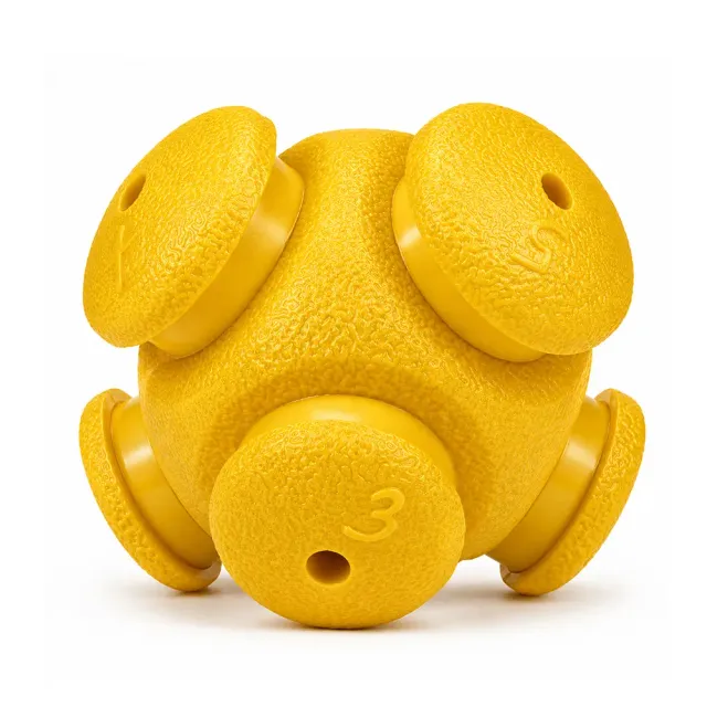 Yellow interlocking treat-dispensing dog puzzle toy
