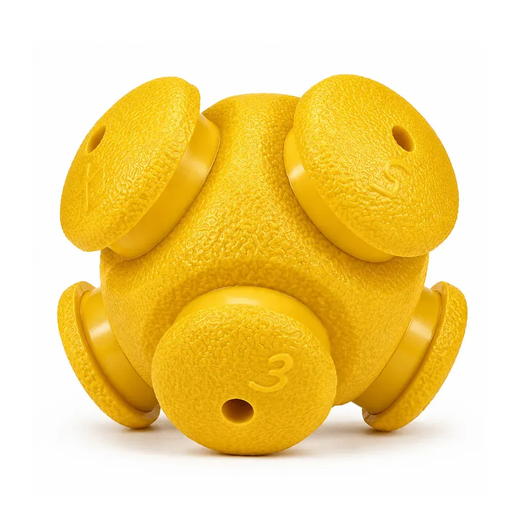 Yellow interlocking treat-dispensing dog puzzle toy