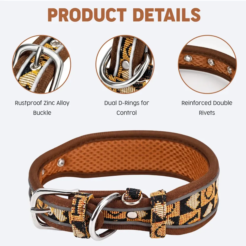 Jacquard collar product details: rustproof buckle, dual D-rings and double rivets