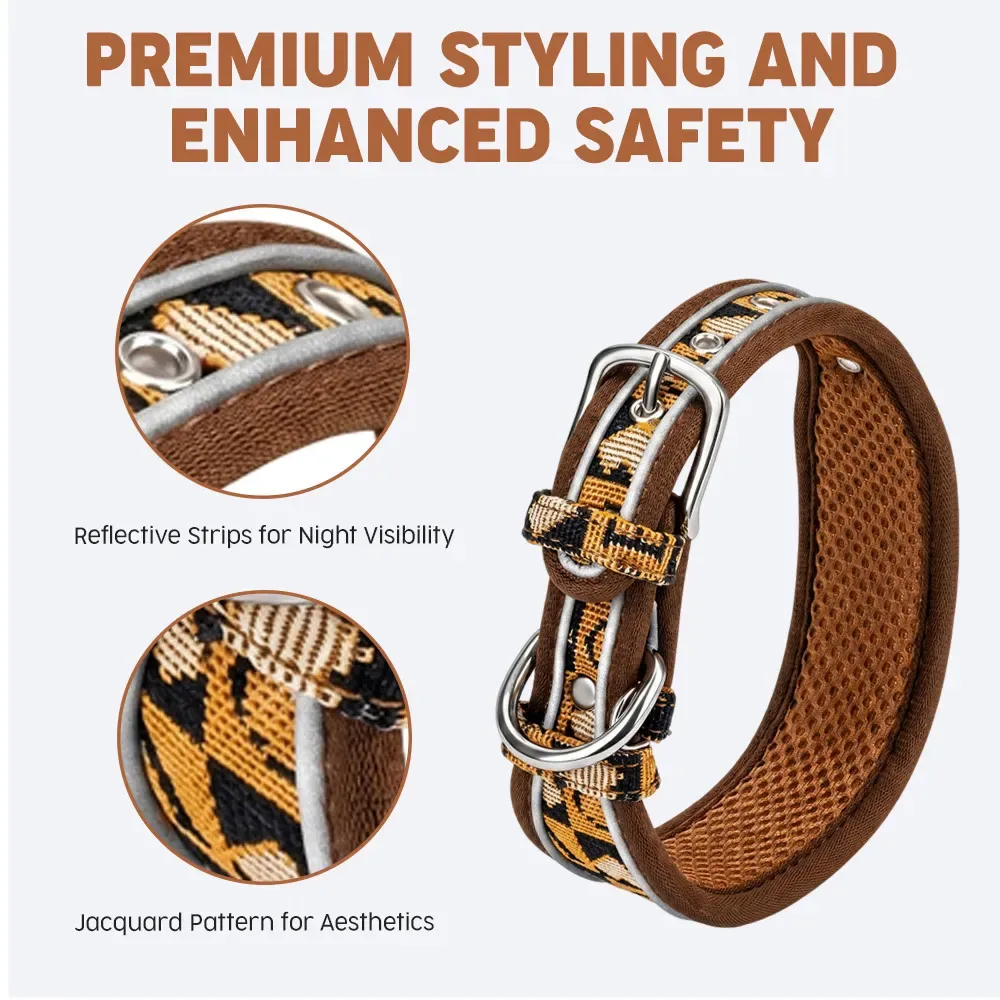 Jacquard pattern and reflective strip close-up on the padded dog collar