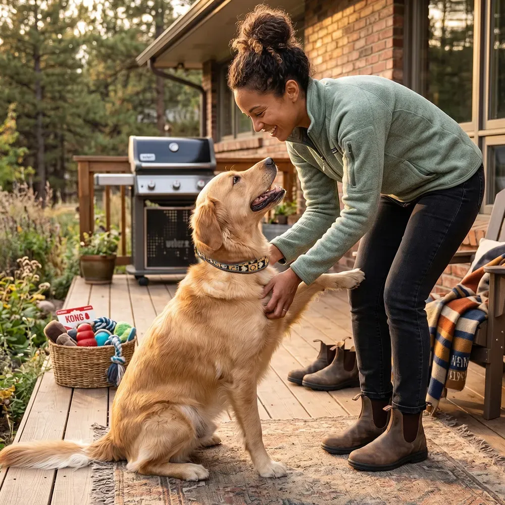 Woman greeting a golden retriever wearing the jacquard dog collar