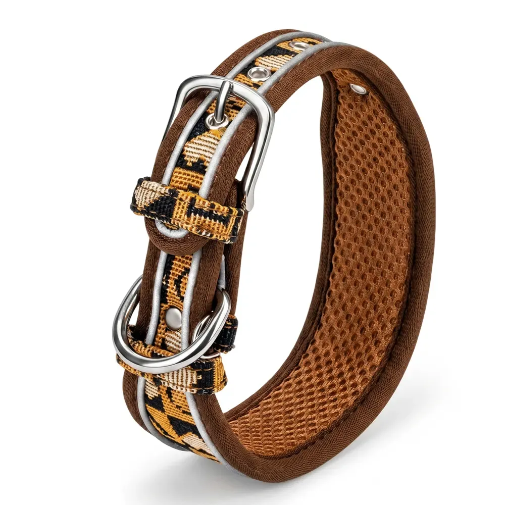 Brown jacquard dog collar with padded mesh lining, rivets and two metal D-rings