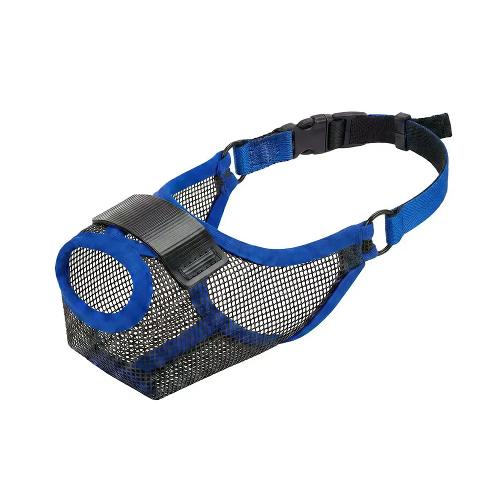 Blue lightweight mesh dog muzzle with hook-and-loop closure