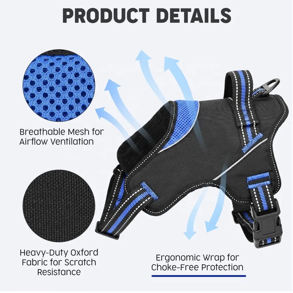 No-pull harness product details: breathable mesh, heavy-duty Oxford fabric and choke-free wrap
