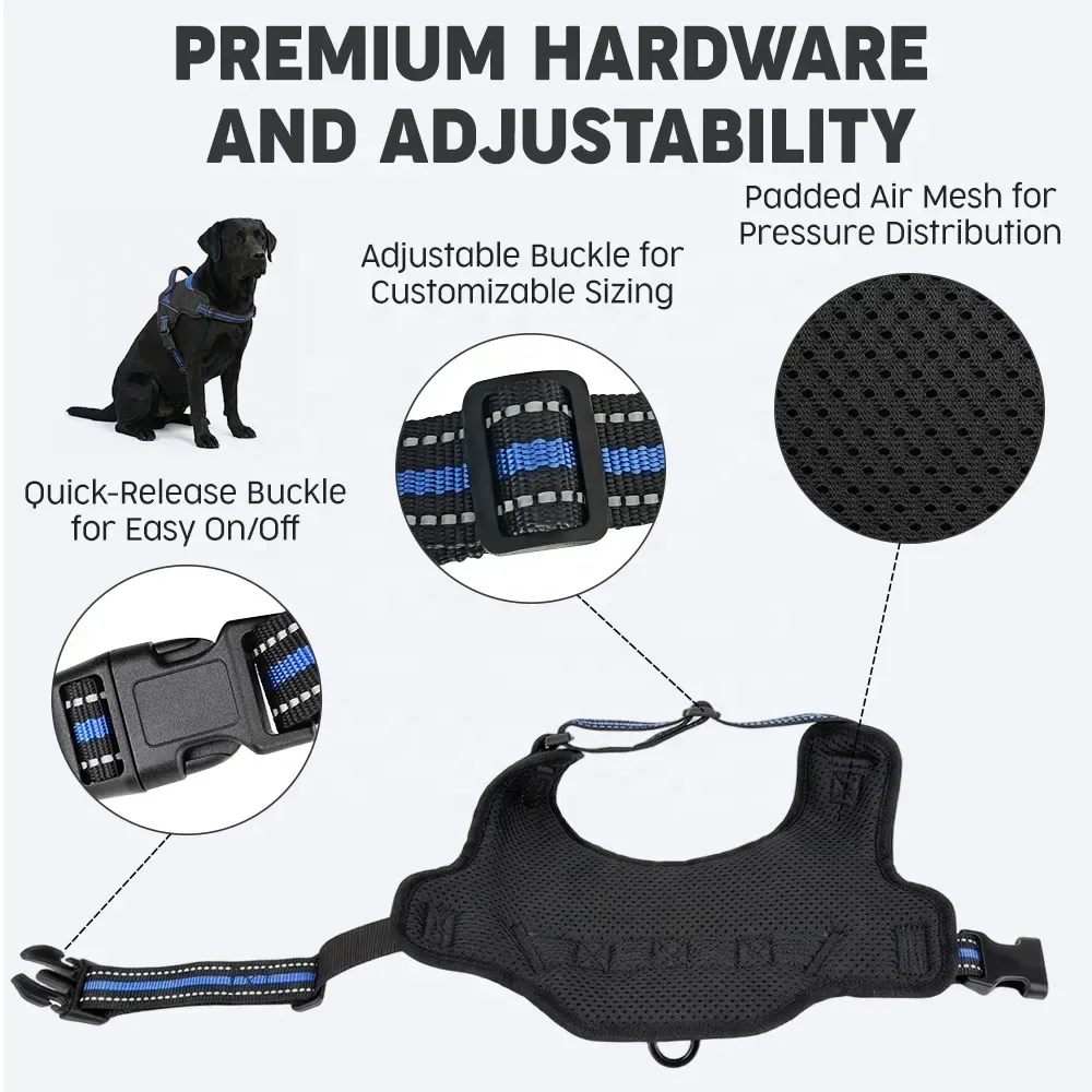 Adjustable buckles, quick-release clips and padded air mesh on the no-pull harness