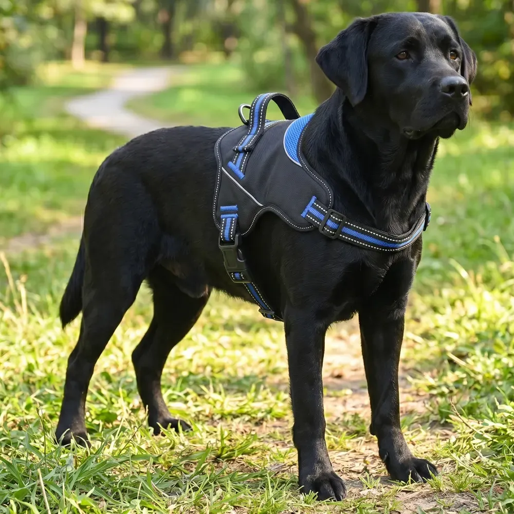 Black Labrador standing outdoors wearing the no-pull Oxford mesh harness