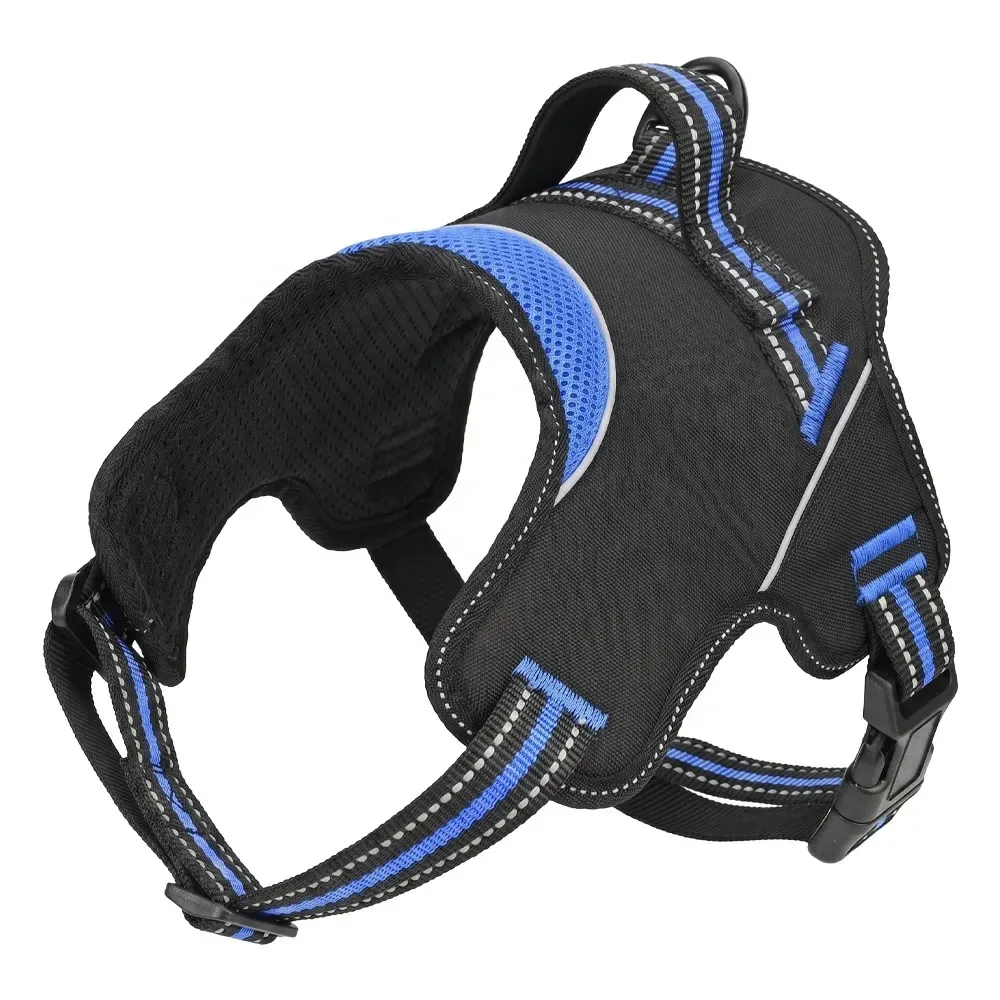 Black and blue no-pull Oxford dog harness with reflective trim and top handle