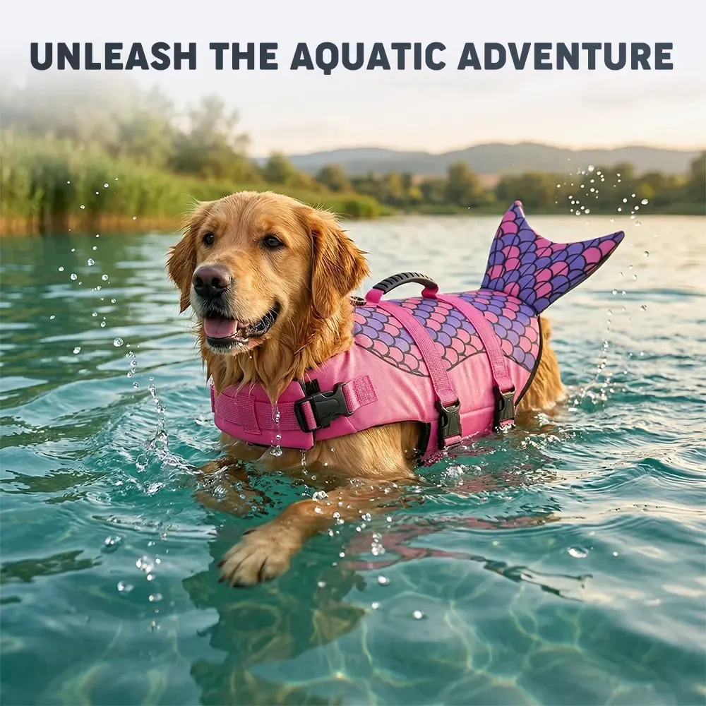 Dog swimming in a lake wearing the shark-style life jacket