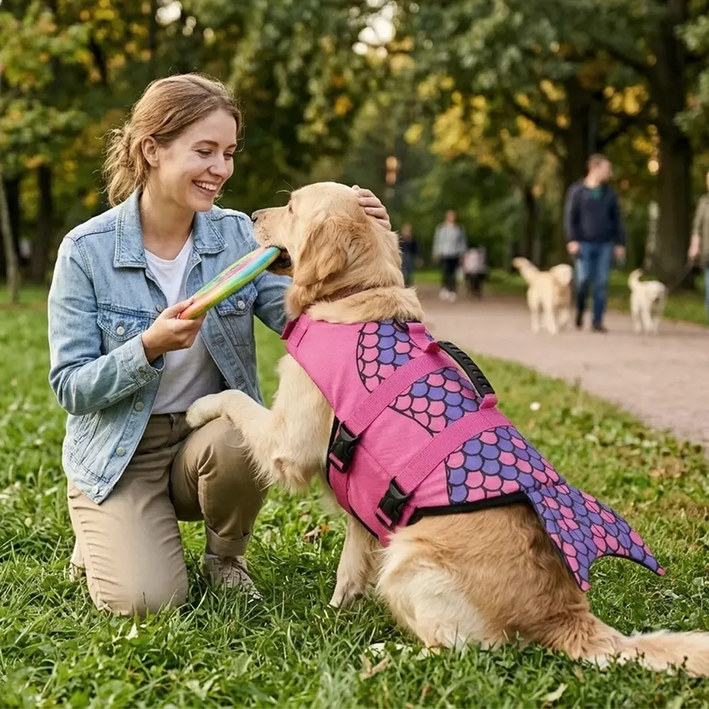 Woman and dog in a park with the novelty life jacket