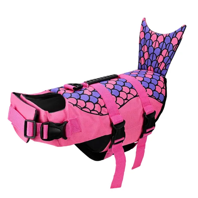 Pink mermaid scale dog life jacket with tail fin and grab handle