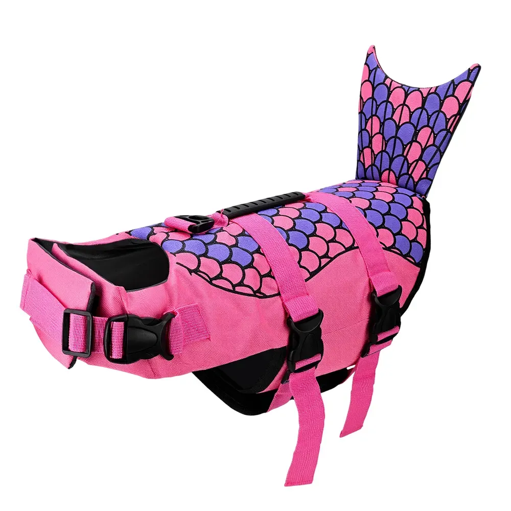 Pink mermaid scale dog life jacket with tail fin and grab handle