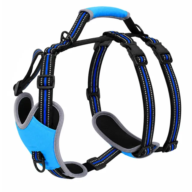 Blue and grey padded front-clip no-pull dog harness with reflective webbing
