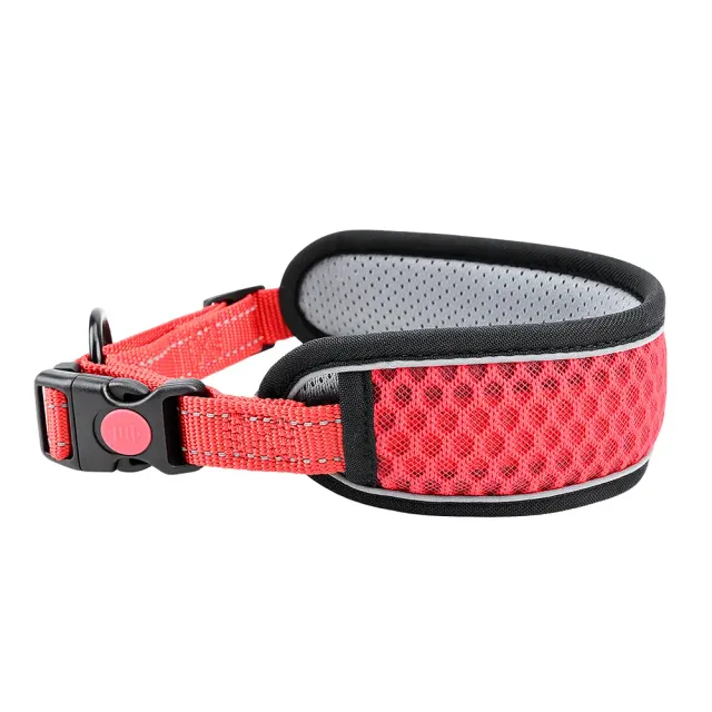 Red padded reflective dog collar with mesh lining and safety-lock buckle