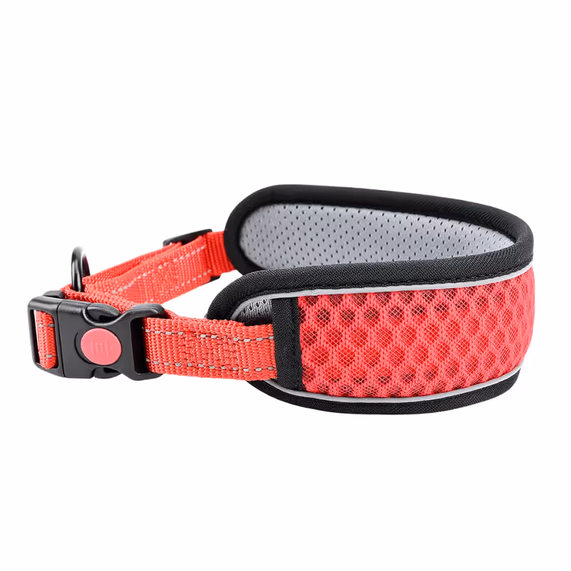 Red padded reflective dog collar with mesh lining and safety-lock buckle