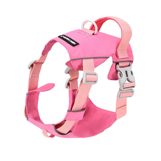 Pink lightweight no-pull dog harness with chrome hardware and reflective binding