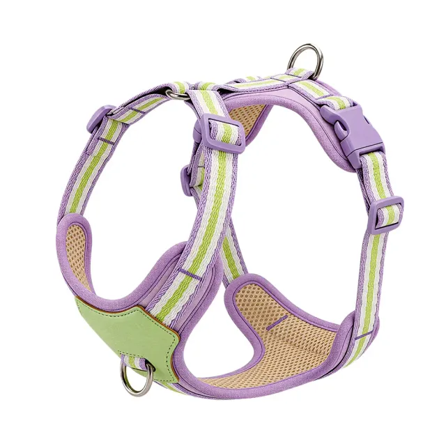 Lilac and lime pastel Y-shape dog harness with PU leather chest plate